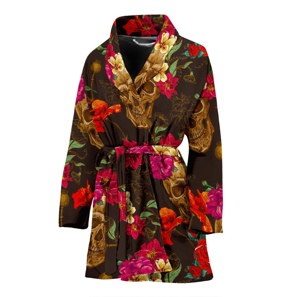 Vintage Flowers Skull Pattern Print Women's Bathrobe