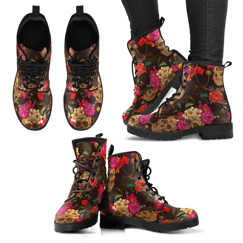 Vintage Flowers Skull Pattern Print Women's Boots