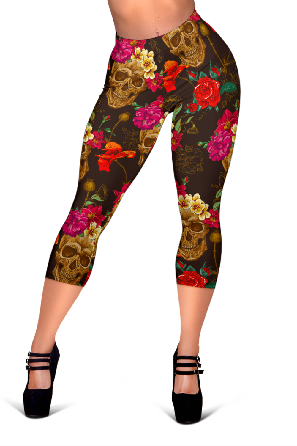 Vintage Flowers Skull Pattern Print Women's Capri Leggings