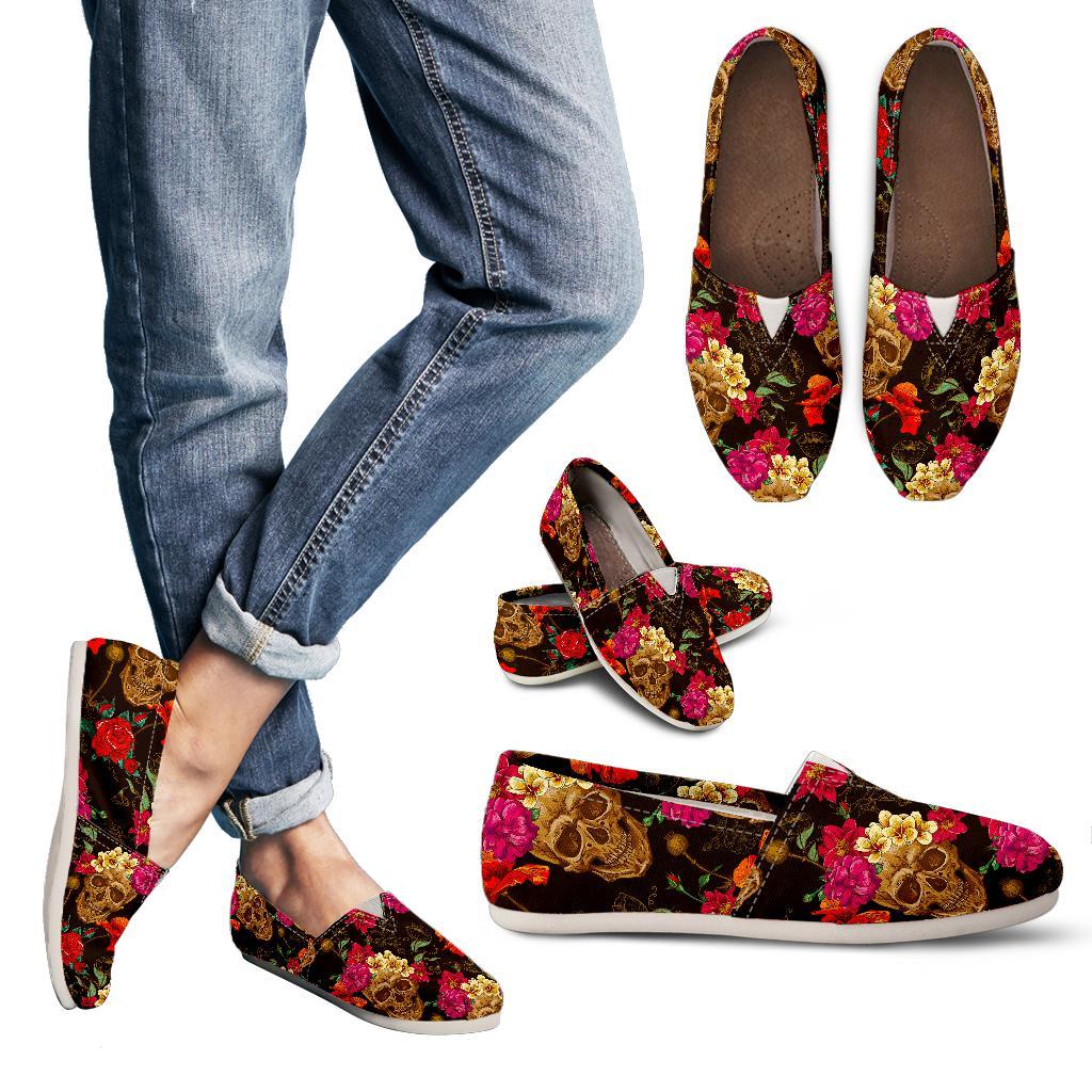 Vintage Flowers Skull Pattern Print Women's Casual Canvas Shoes