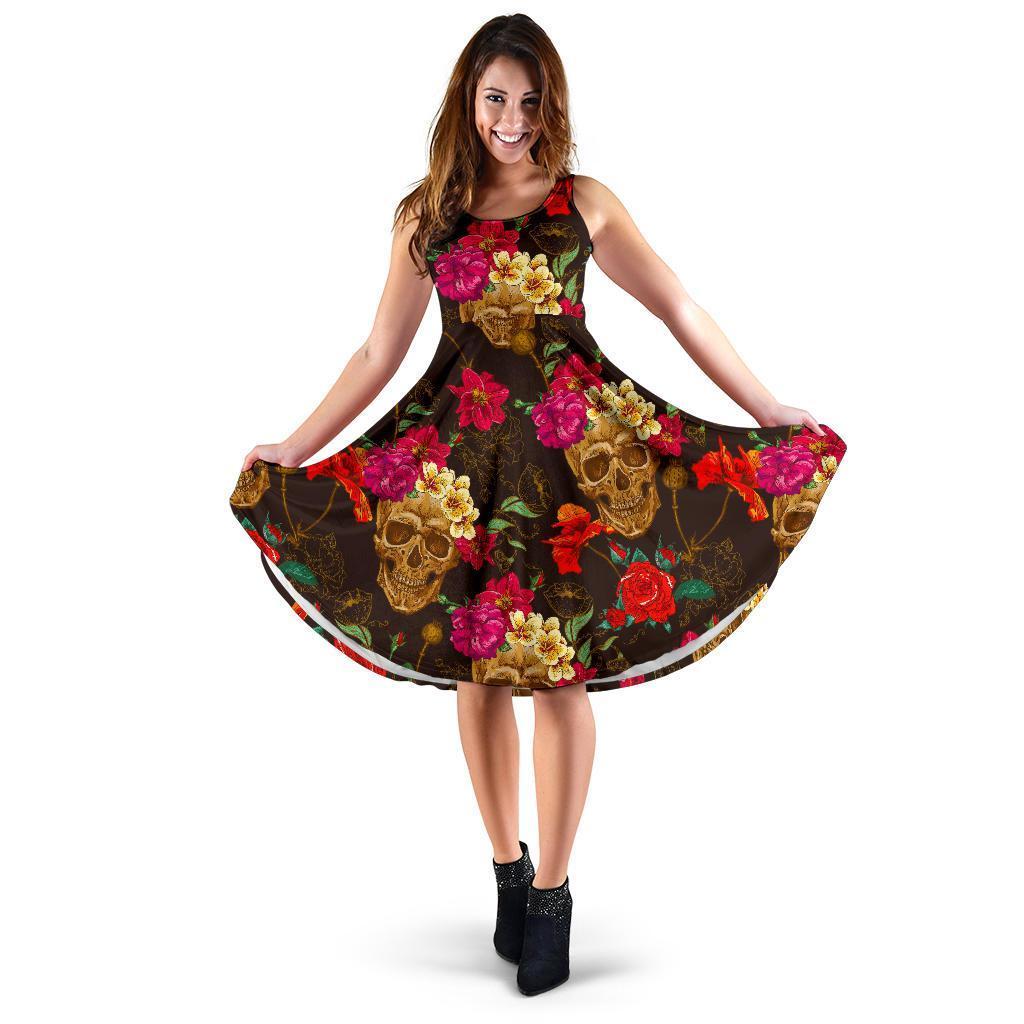 Vintage Flowers Skull Pattern Print Women's Dress