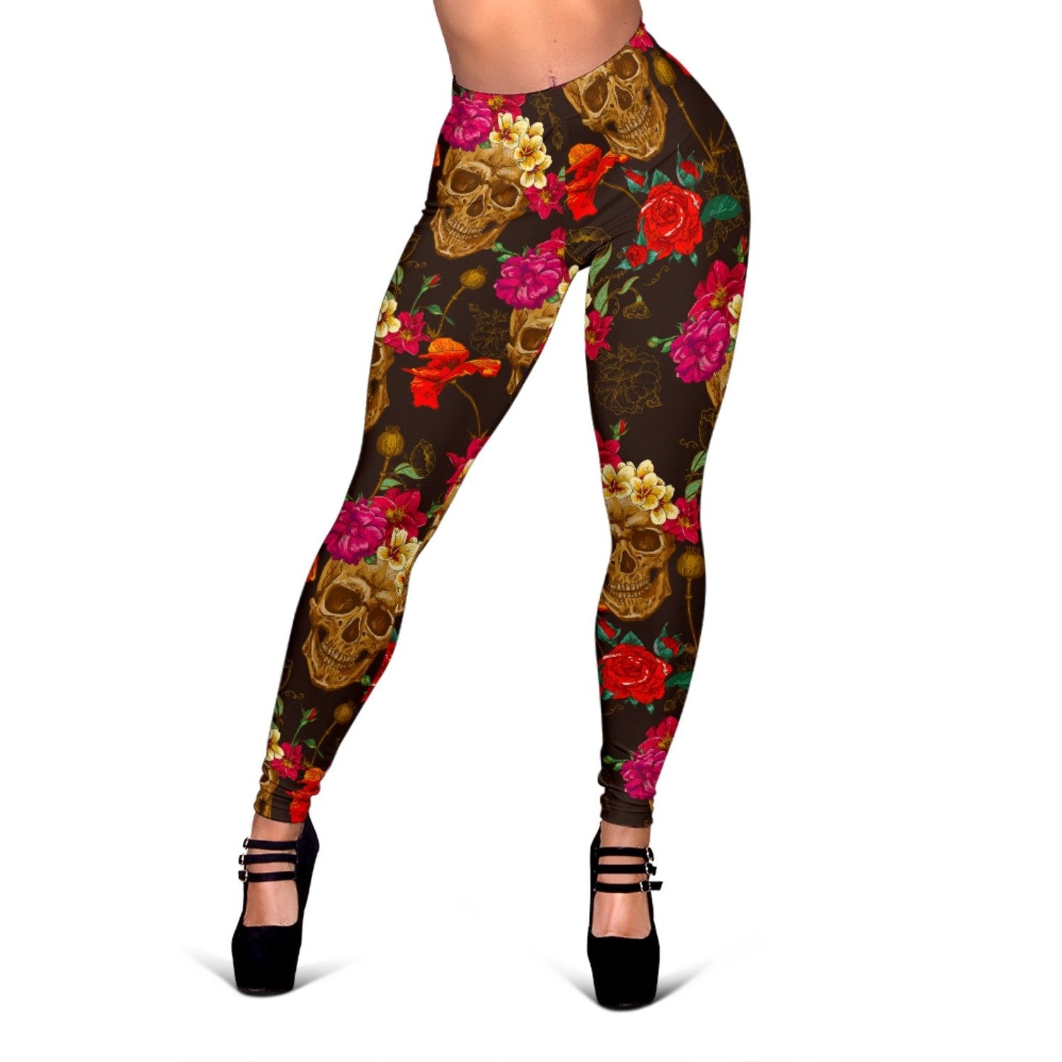 Vintage Flowers Skull Pattern Print Women's Leggings