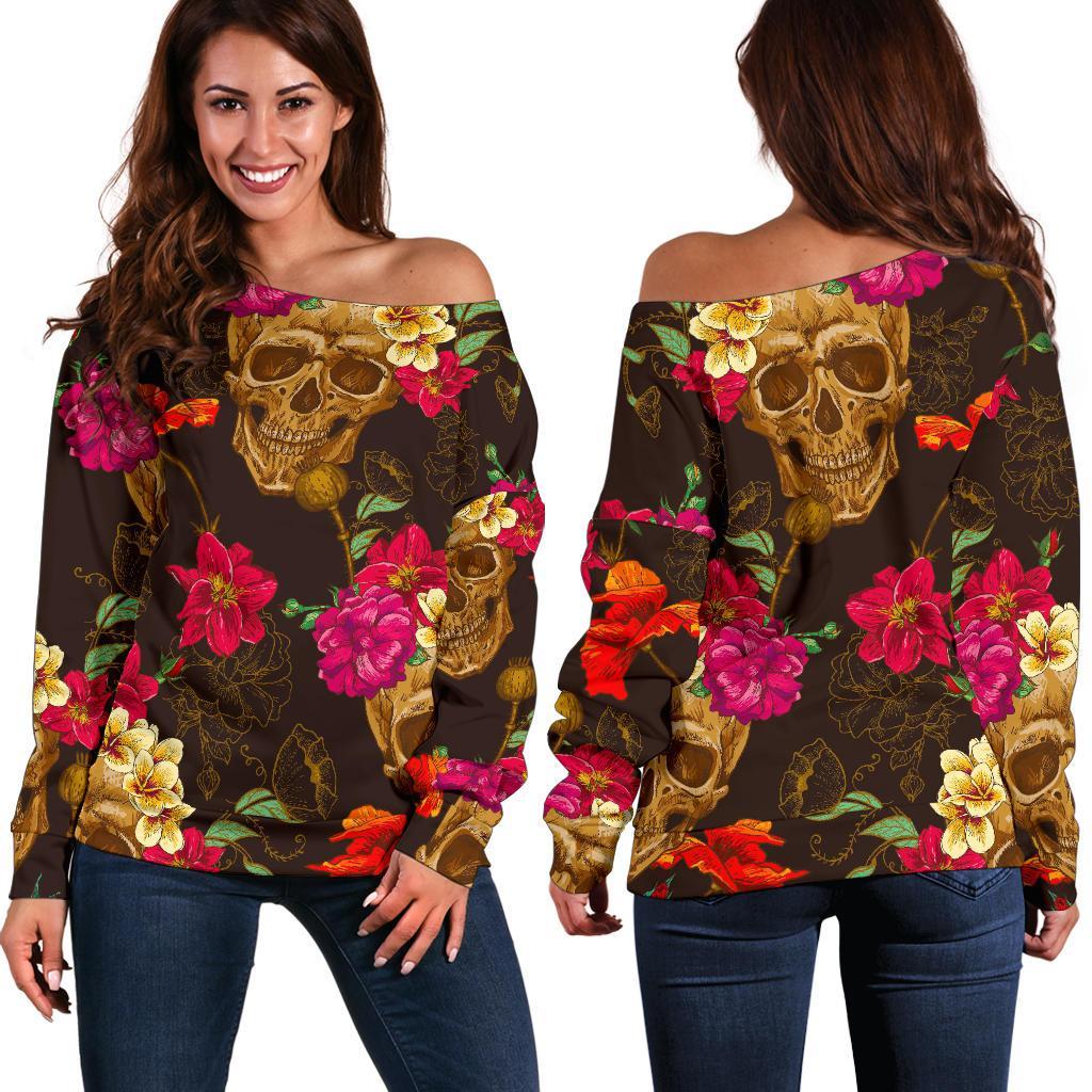 Vintage Flowers Skull Pattern Print Women's Off-Shoulder Sweatshirt