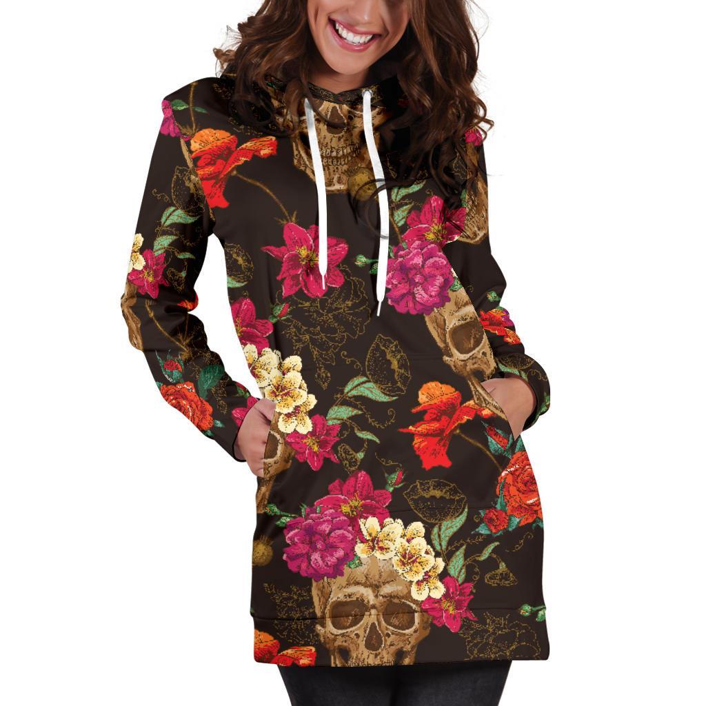 Vintage Flowers Skull Pattern Print Women's Pullover Hoodie Dress