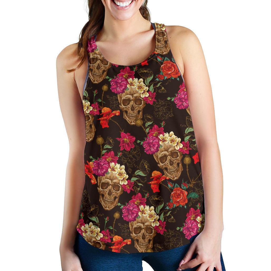 Vintage Flowers Skull Pattern Print Women's Racerback Tank Top