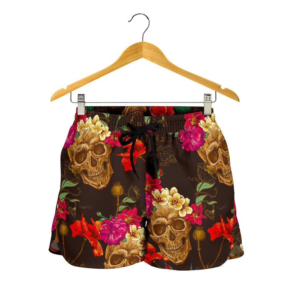 Vintage Flowers Skull Pattern Print Women's Shorts