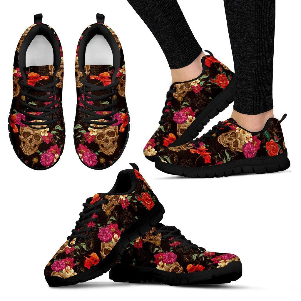 Vintage Flowers Skull Pattern Print Women's Sneakers