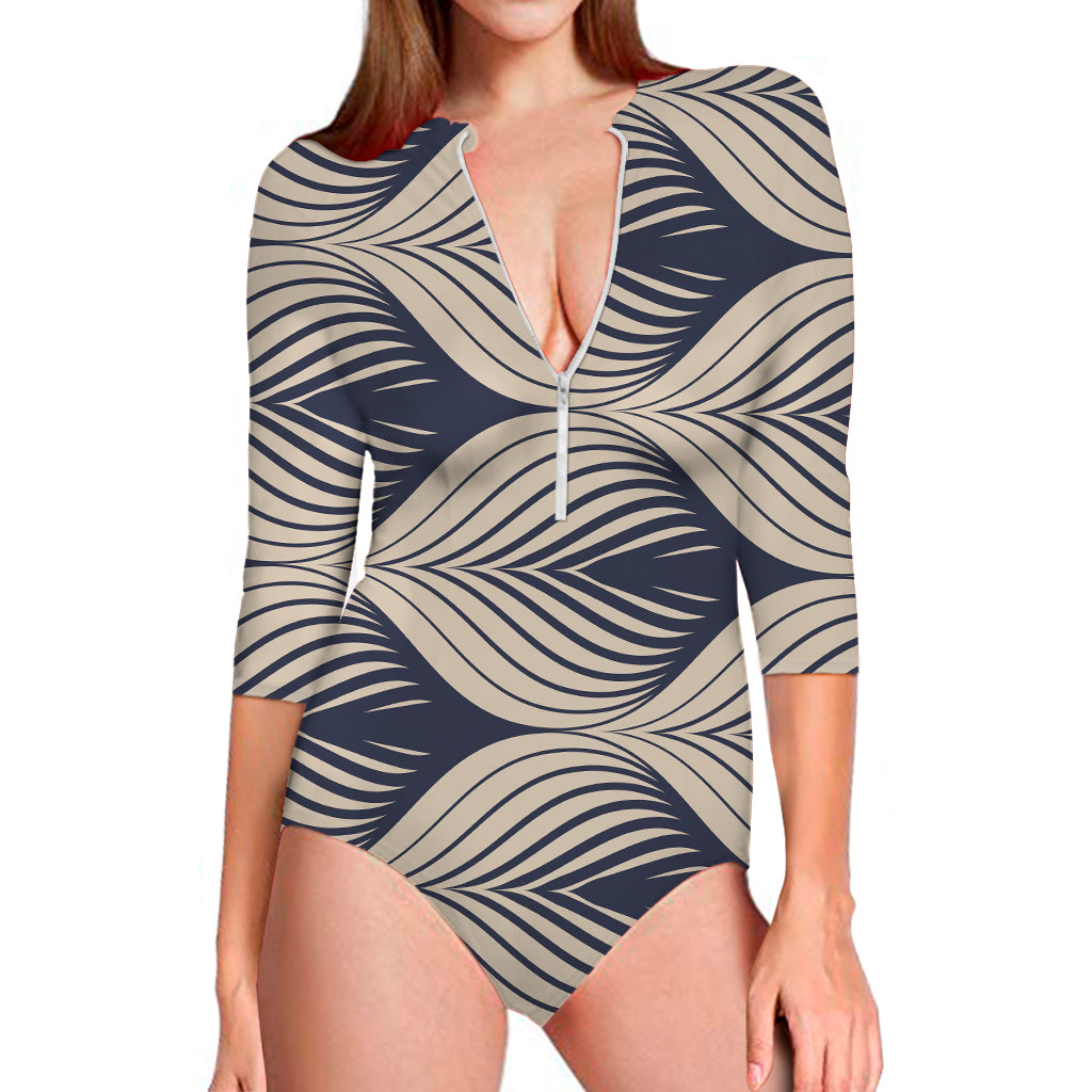 Vintage Geometric Leaf Pattern Print Long Sleeve One Piece Swimsuit