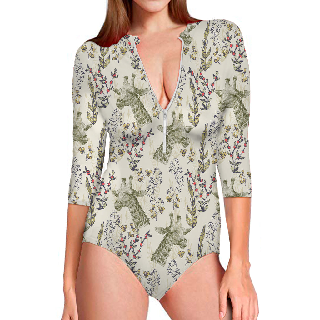 Vintage Giraffe Print Long Sleeve One Piece Swimsuit