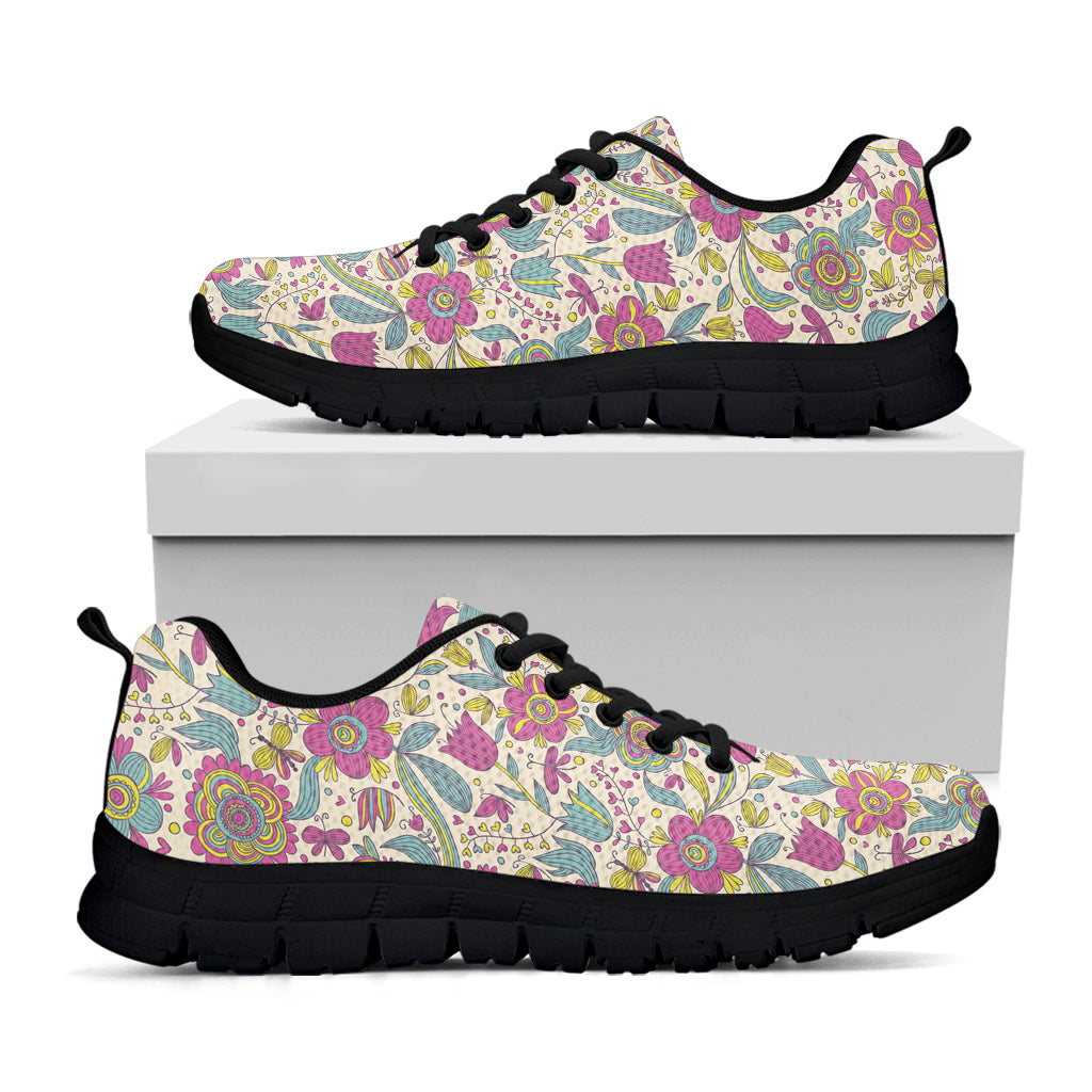 Vintage Girly Floral Print Black Sneakers