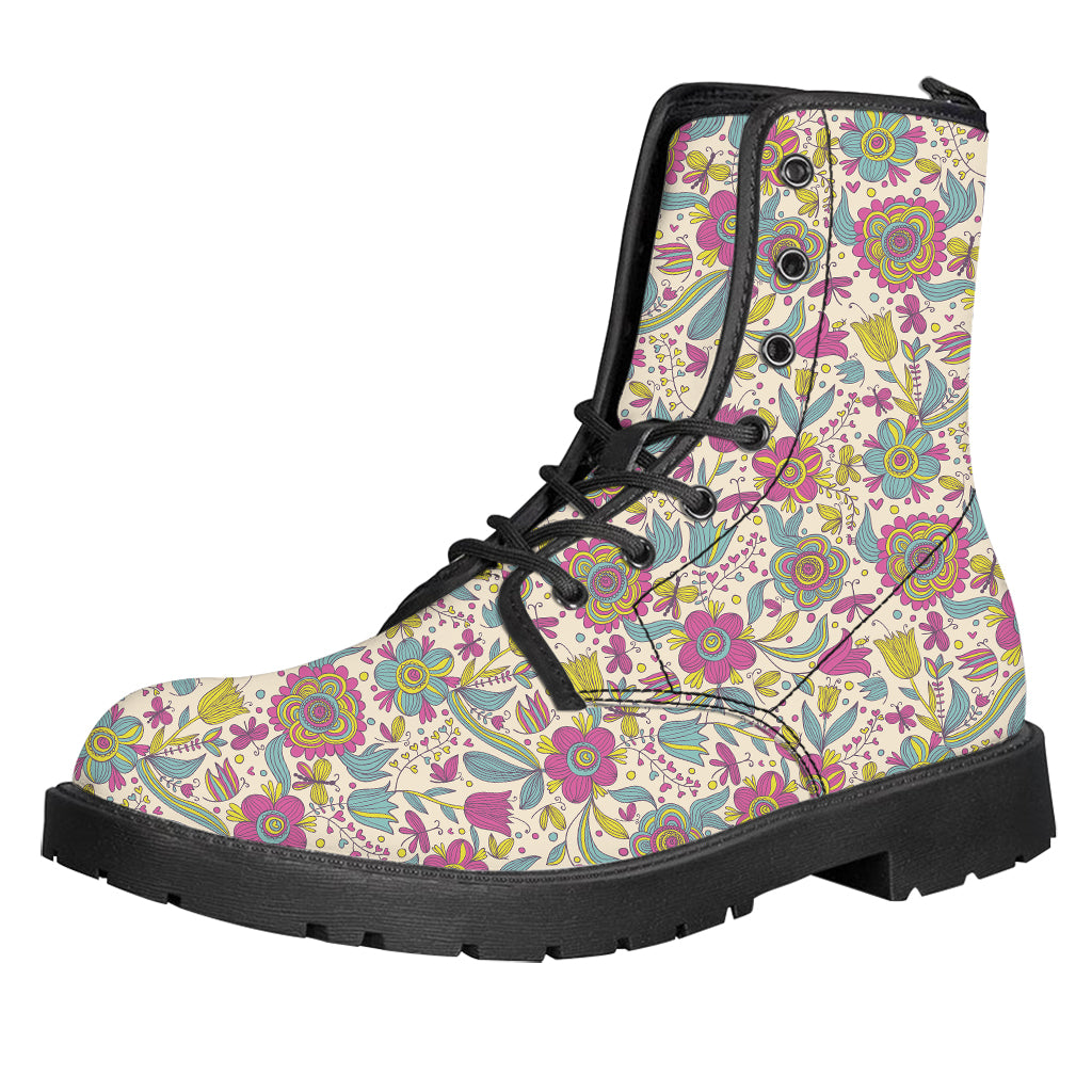 Vintage Girly Floral Print Leather Boots