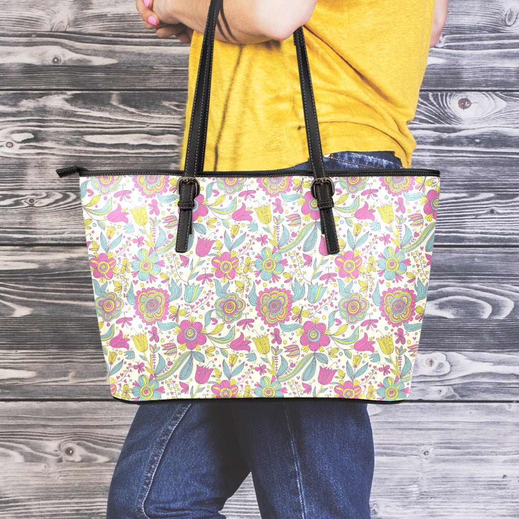 Vintage Girly Floral Print Leather Tote Bag