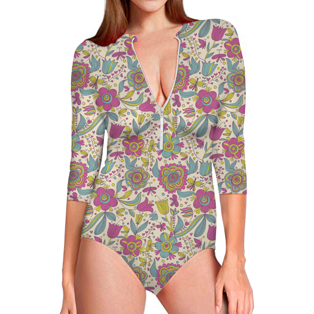 Vintage Girly Floral Print Long Sleeve One Piece Swimsuit