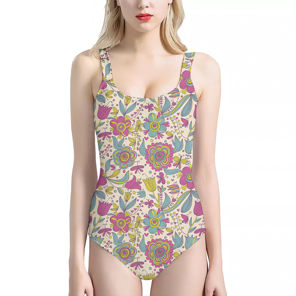 Vintage Girly Floral Print One Piece Halter Neck Swimsuit