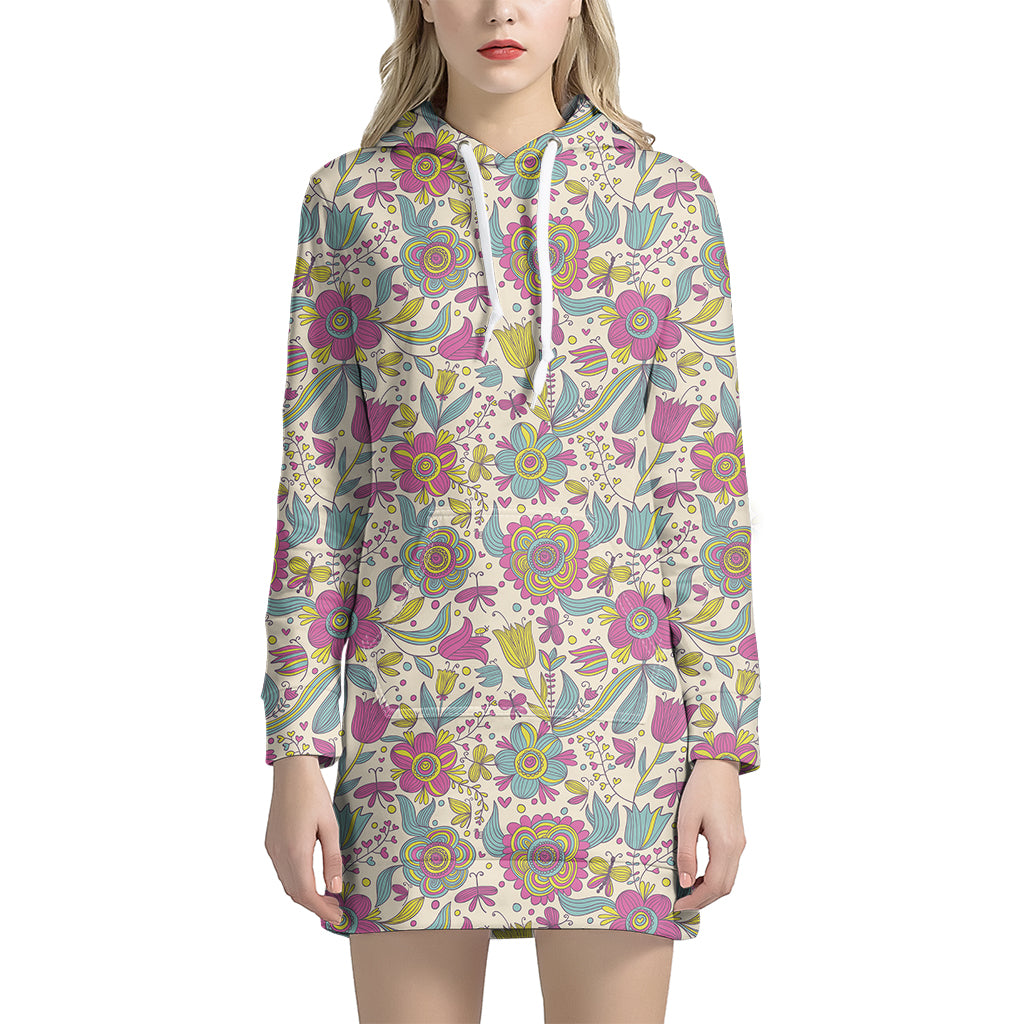 Vintage Girly Floral Print Women's Pullover Hoodie Dress