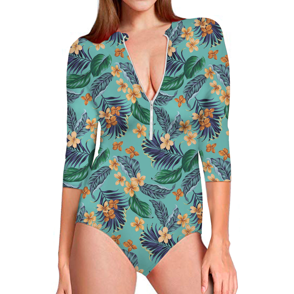 Vintage Hawaiian Aloha Pattern Print Long Sleeve One Piece Swimsuit