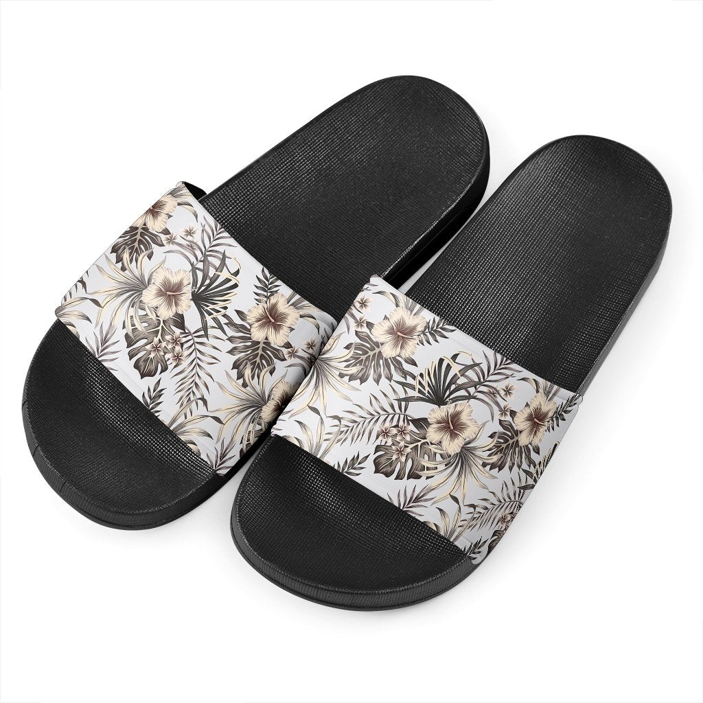 Vintage Hibiscus Plumeria Pattern Print Black Slide Sandals