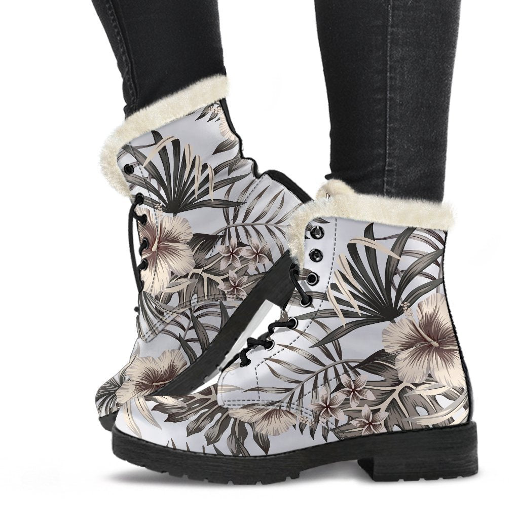 Vintage Hibiscus Plumeria Pattern Print Faux Fur Leather Boots