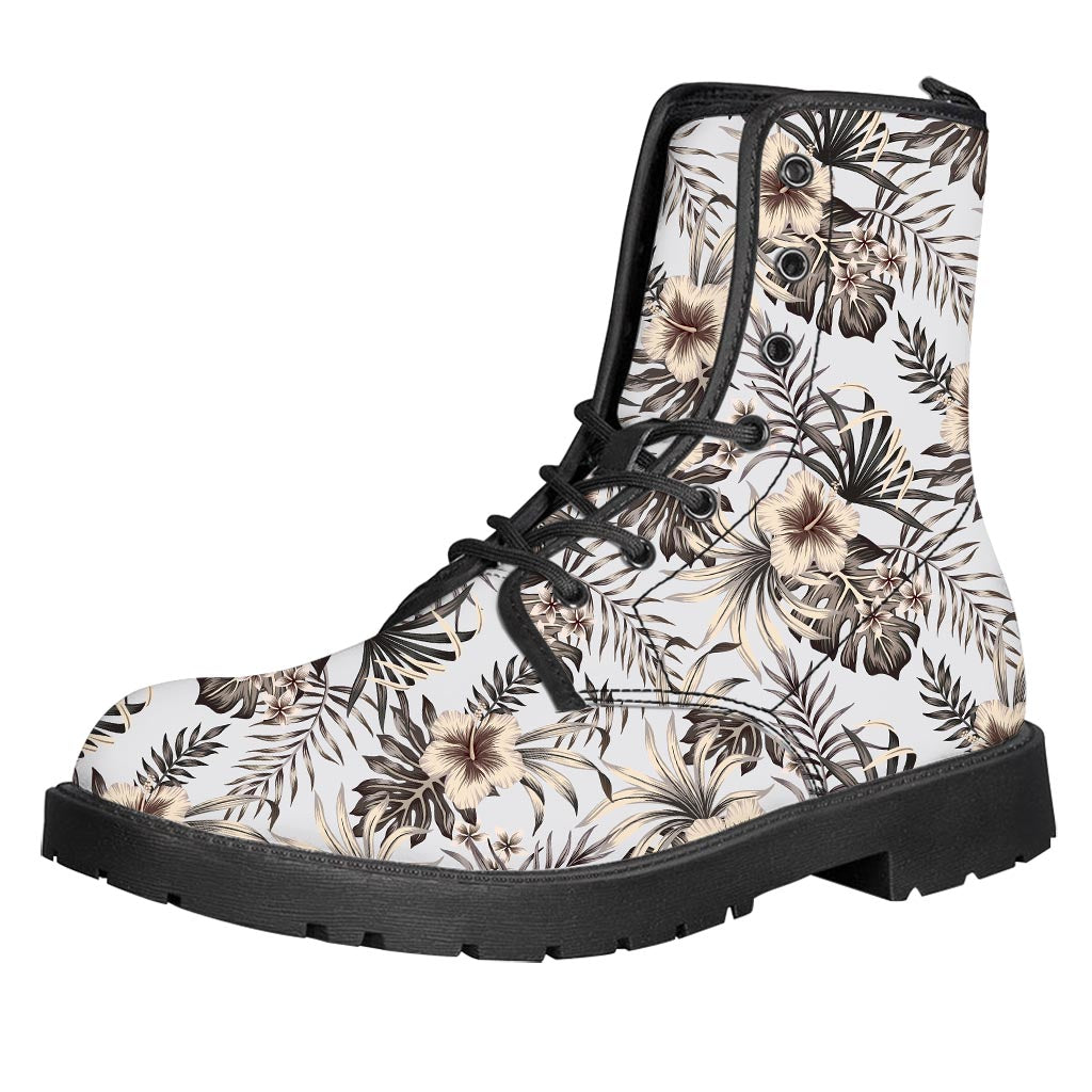 Vintage Hibiscus Plumeria Pattern Print Leather Boots