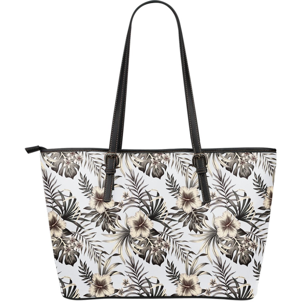 Vintage Hibiscus Plumeria Pattern Print Leather Tote Bag