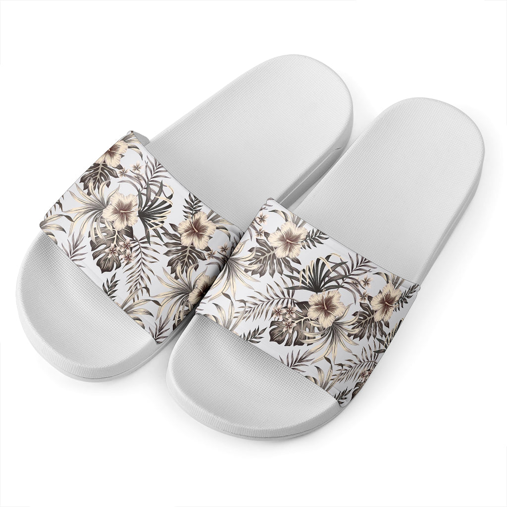 Vintage Hibiscus Plumeria Pattern Print White Slide Sandals