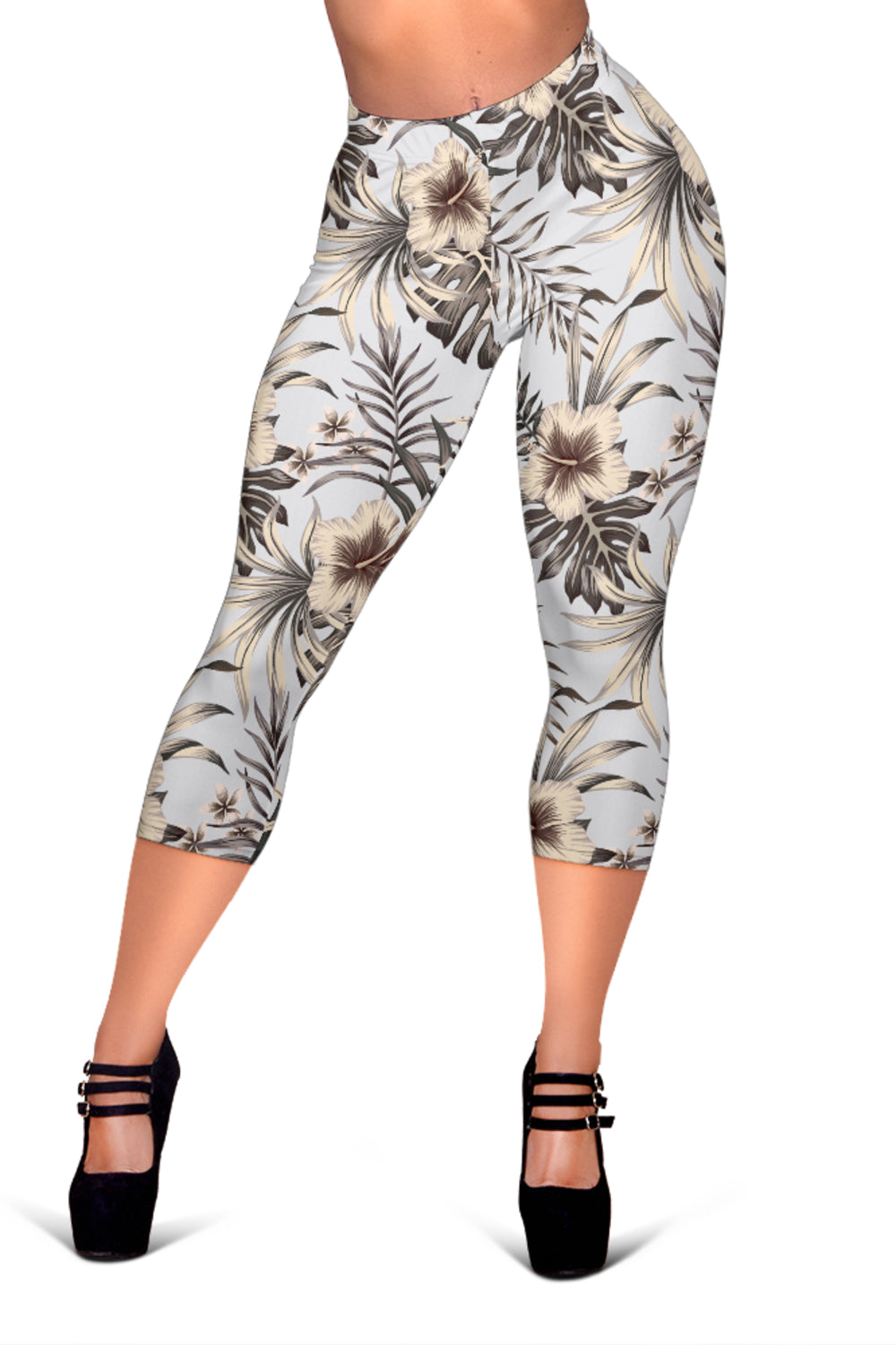 Vintage Hibiscus Plumeria Pattern Print Women's Capri Leggings