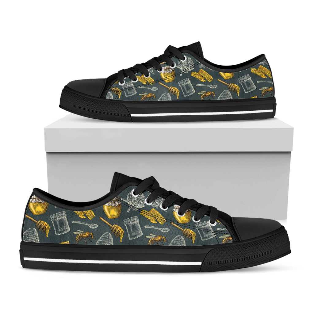 Vintage Honey Bee Print Black Low Top Shoes