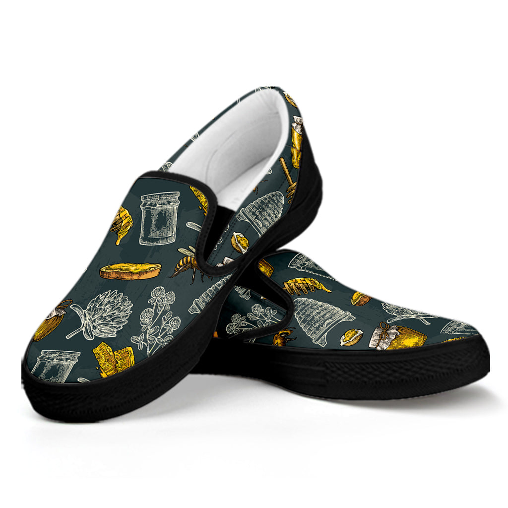 Vintage Honey Bee Print Black Slip On Shoes