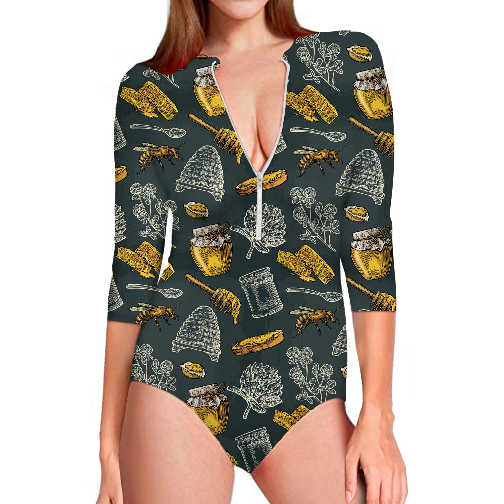 Vintage Honey Bee Print Long Sleeve One Piece Swimsuit