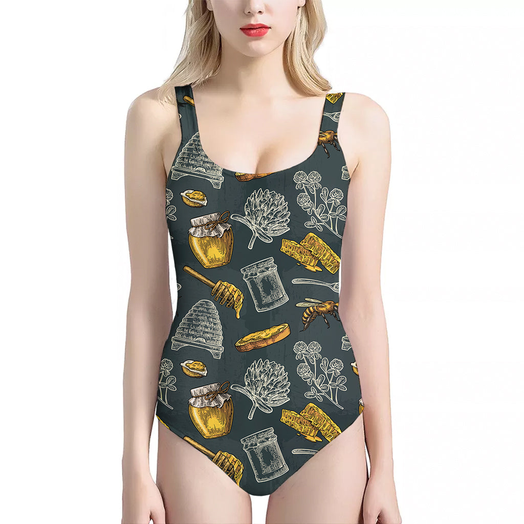 Vintage Honey Bee Print One Piece Halter Neck Swimsuit