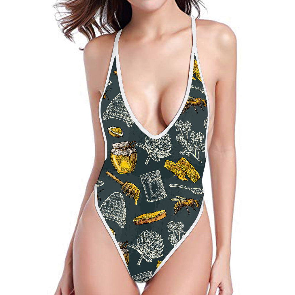 Vintage Honey Bee Print One Piece High Cut Swimsuit