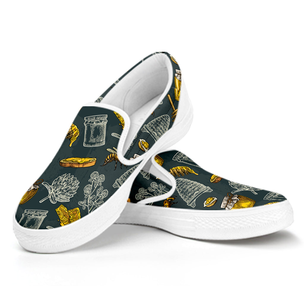 Vintage Honey Bee Print White Slip On Shoes