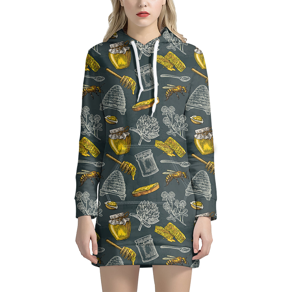 Vintage Honey Bee Print Women's Pullover Hoodie Dress