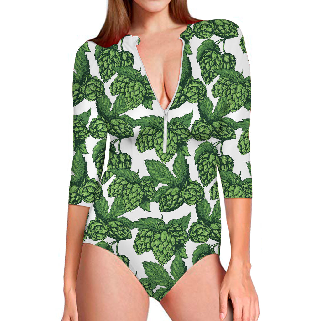 Vintage Hop Cone Pattern Print Long Sleeve One Piece Swimsuit