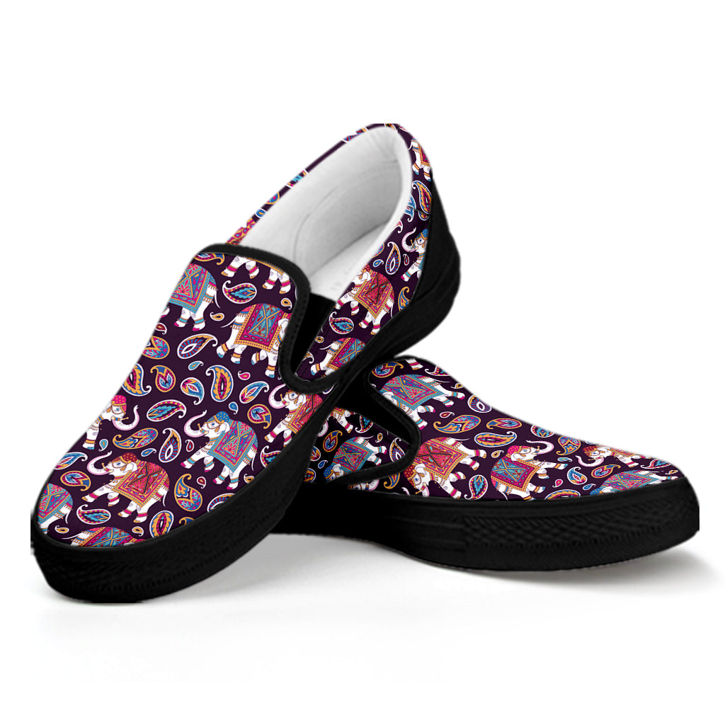 Vintage Indian Elephant Pattern Print Black Slip On Shoes