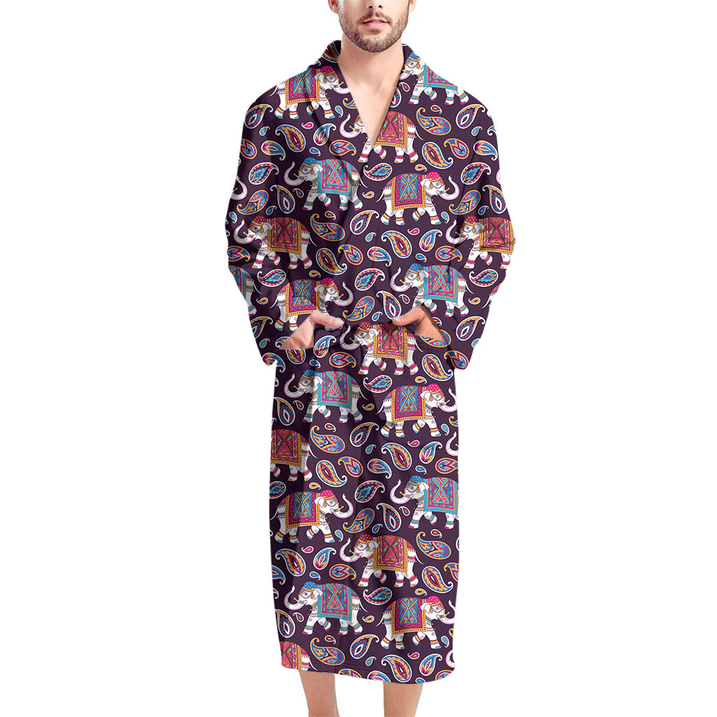 Vintage Indian Elephant Pattern Print Men's Bathrobe