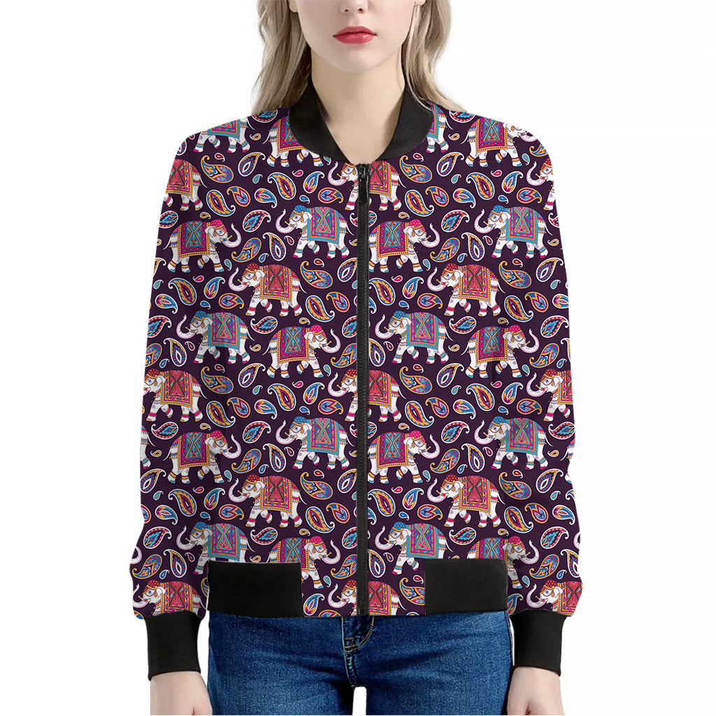 Vintage Indian Elephant Pattern Print Women's Bomber Jacket