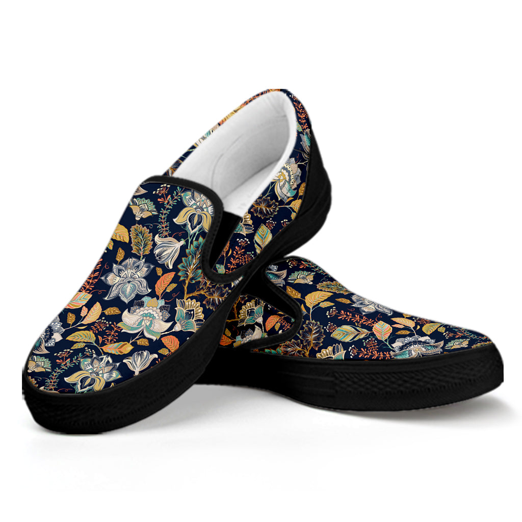 Vintage Indian Floral Pattern Print Black Slip On Shoes