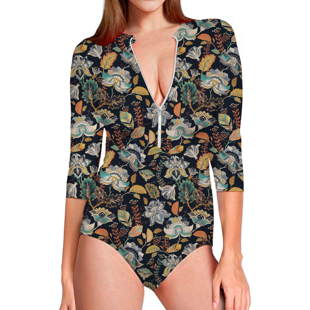 Vintage Indian Floral Pattern Print Long Sleeve One Piece Swimsuit