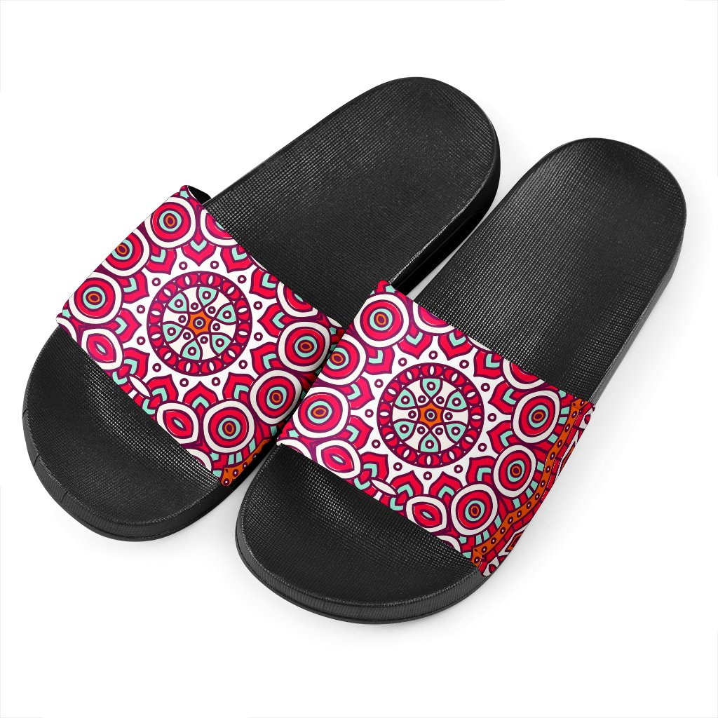 Vintage Indian Mandala Print Black Slide Sandals