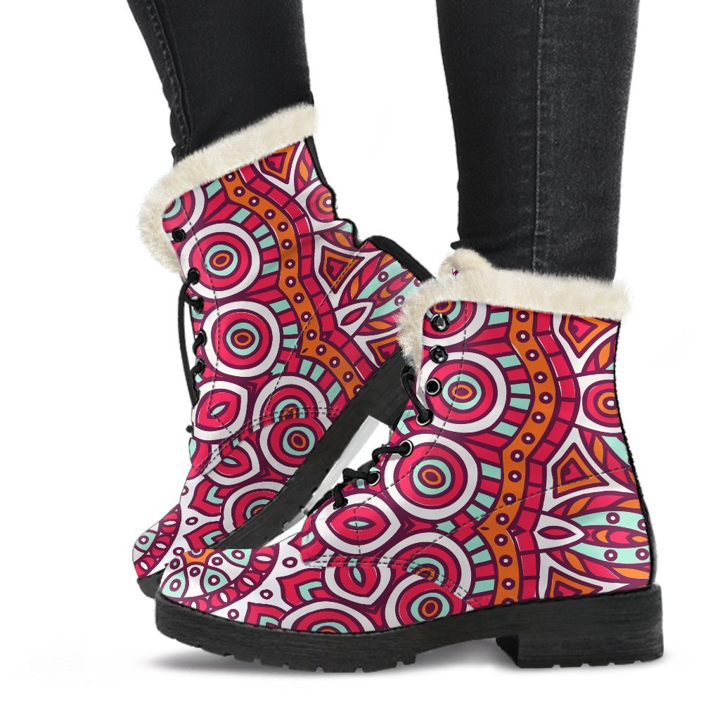 Vintage Indian Mandala Print Faux Fur Leather Boots