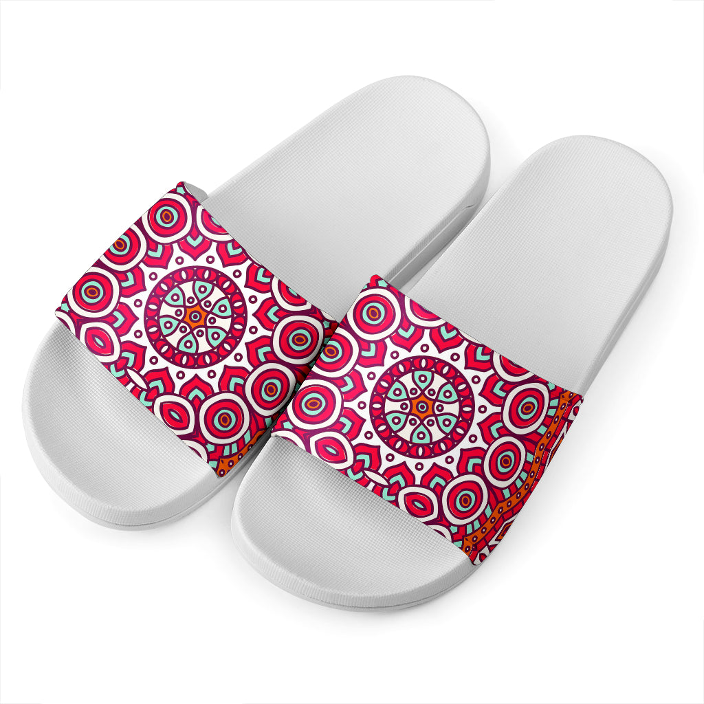 Vintage Indian Mandala Print White Slide Sandals