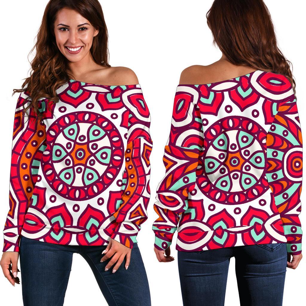 Vintage Indian Mandala Print Women's Off-Shoulder Sweatshirt