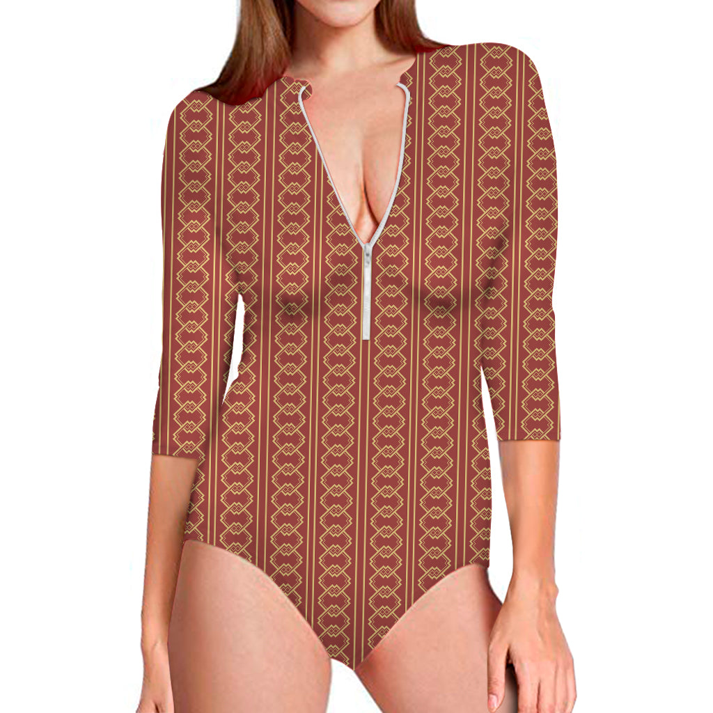 Vintage Japanese Pattern Print Long Sleeve One Piece Swimsuit