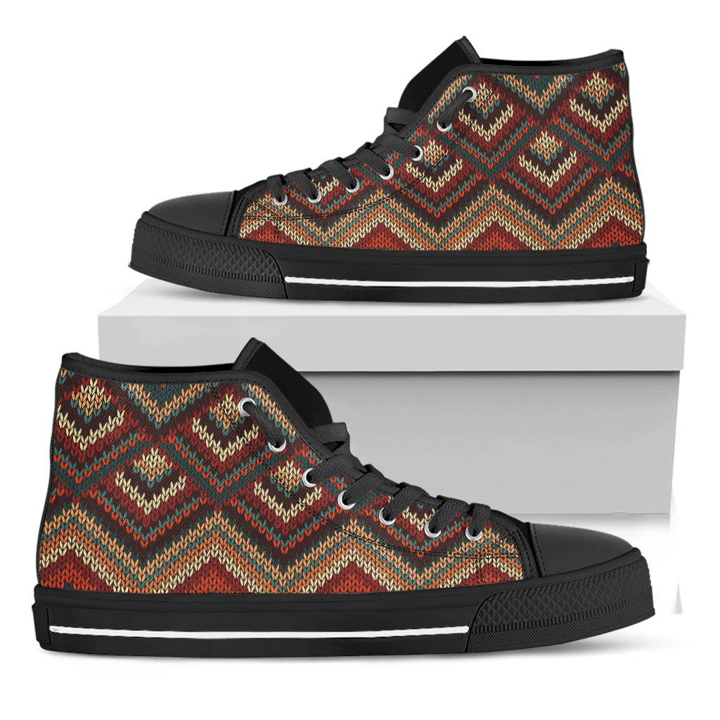 Vintage Knitted Pattern Print Black High Top Shoes