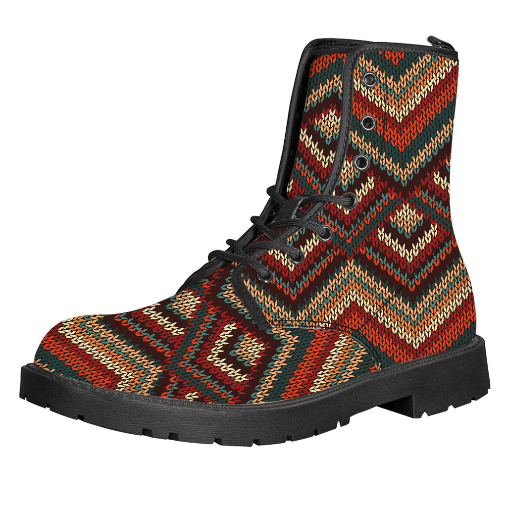 Vintage Knitted Pattern Print Leather Boots