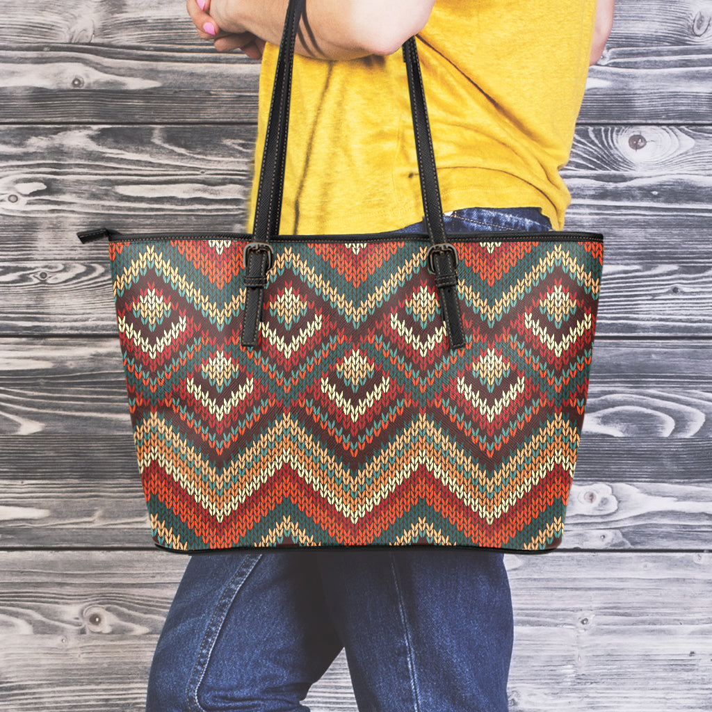 Vintage Knitted Pattern Print Leather Tote Bag