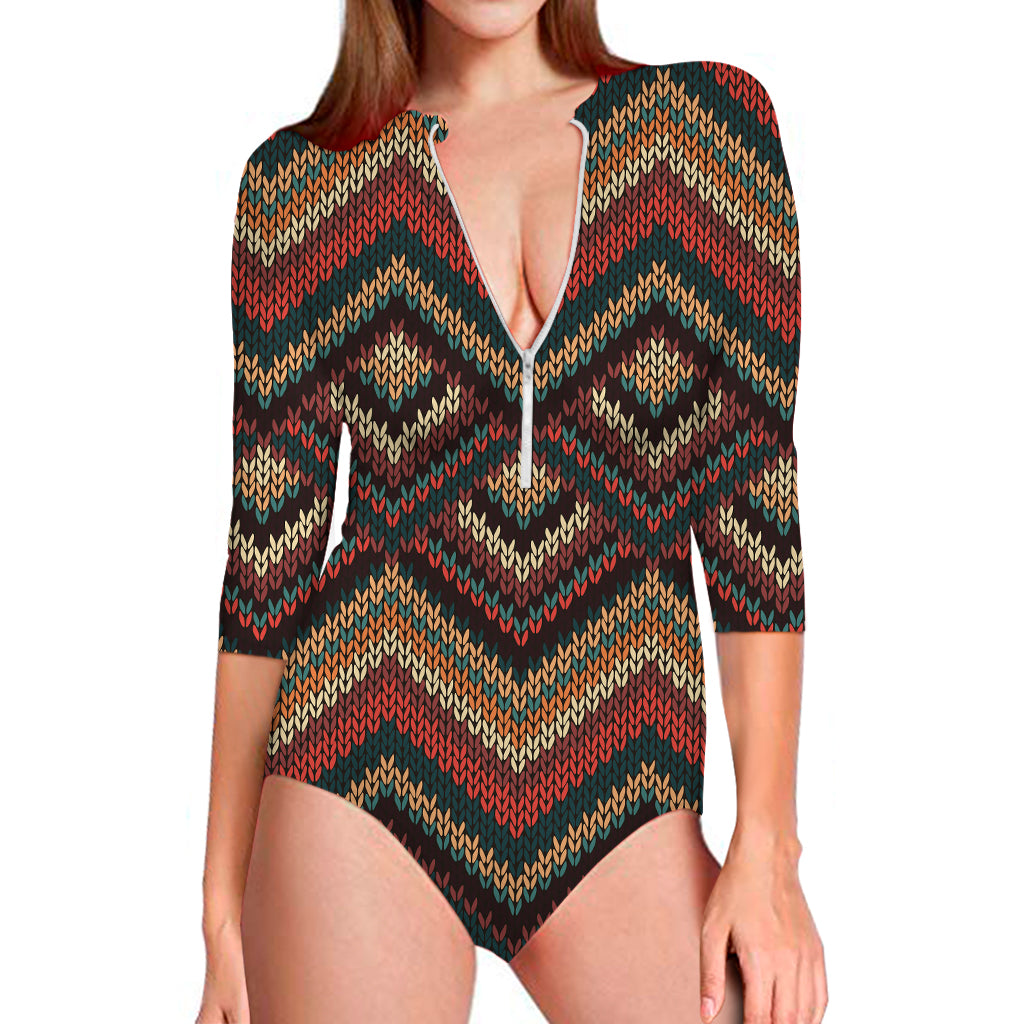 Vintage Knitted Pattern Print Long Sleeve One Piece Swimsuit