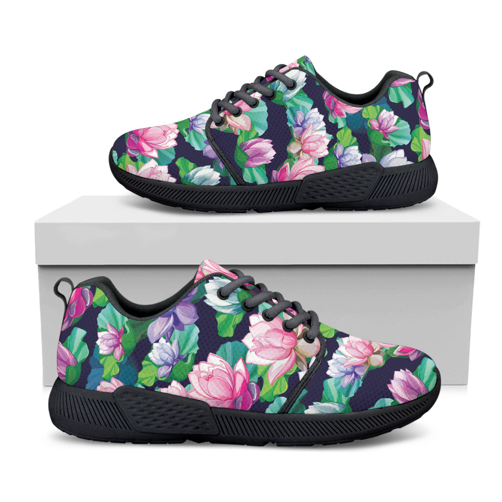 Vintage Lotus Floral Print Black Athletic Shoes