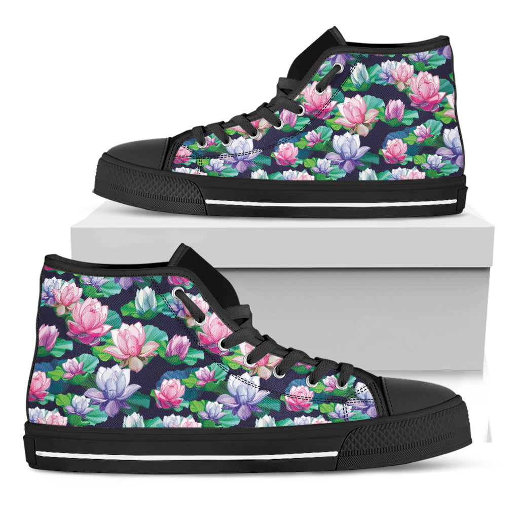 Vintage Lotus Floral Print Black High Top Shoes